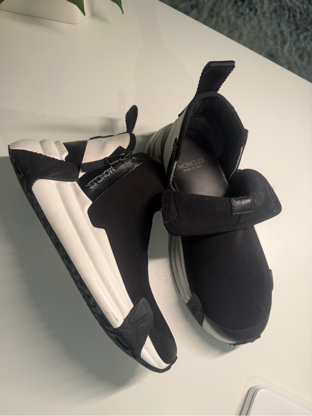 Moncler Men's Black and White Slip-On Strap Sneakers